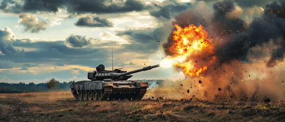 Explosive moment as a tank fires in a dramatic battlefield scene.