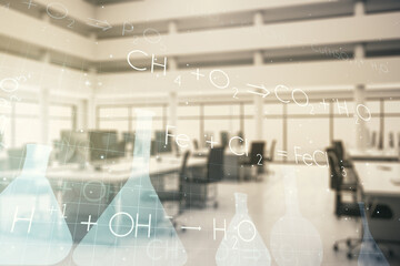 Abstract virtual chemistry illustration on a modern furnished classroom background, science and...