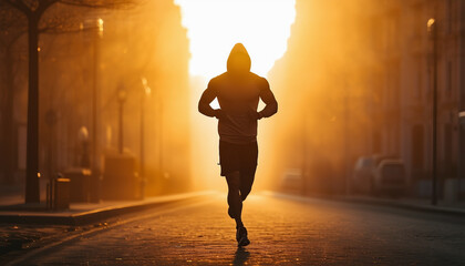 Silhouette of muscular man going for a run in shorts and hoodie at misty sunrise in the city center
