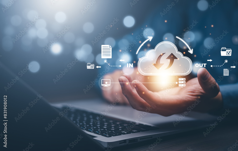 Poster cloud technology concept global network of metaverse systems concept, man hand touch data with inter