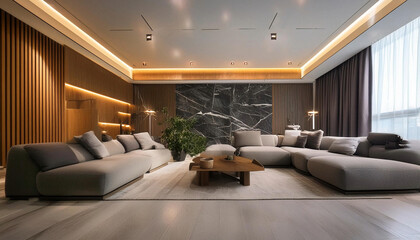 A spacious living room adorned with expansive windows that unveil a breathtaking panorama of the surrounding landscape.