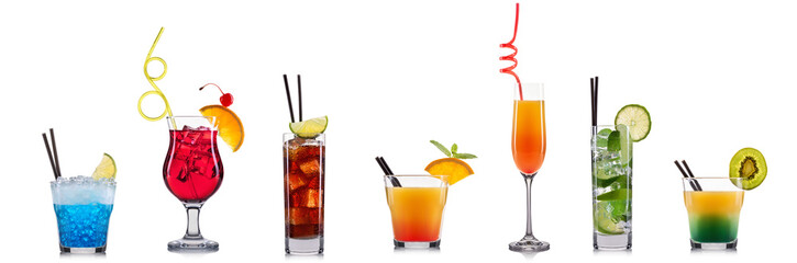 Set of cocktails with decoration from fruits isolated on white background