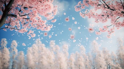 A beautiful image of pink flowers floating in the air with a clear blue sky in the background. The flowers are scattered all over the sky, creating a sense of freedom and lightness