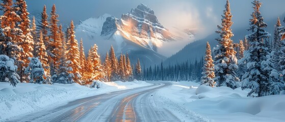 Scenic winter road winding through snow-covered forest with majestic mountain background and glowing morning light, ideal for travel and nature themes.