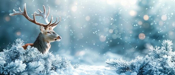 Majestic reindeer in a serene snow-covered winter wonderland, bathed in soft light with a background of frosty trees and falling snowflakes.
