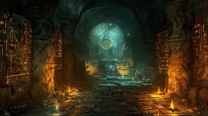 Craft a visually stunning depiction of a hidden chamber filled with glowing runes and symbols inscribed on walls, evoking a sense of enigmatic power and ancient knowledge