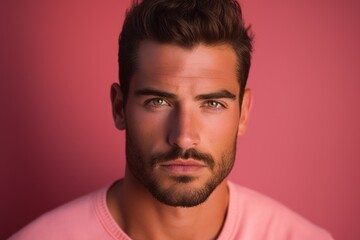 Fototapeta premium A man with a beard and green eyes is wearing a pink shirt