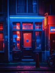 a two store house in europe, oriel windows, at night, cinematic, wide angle, no light inside, street view, shot on 50 mm, low angle