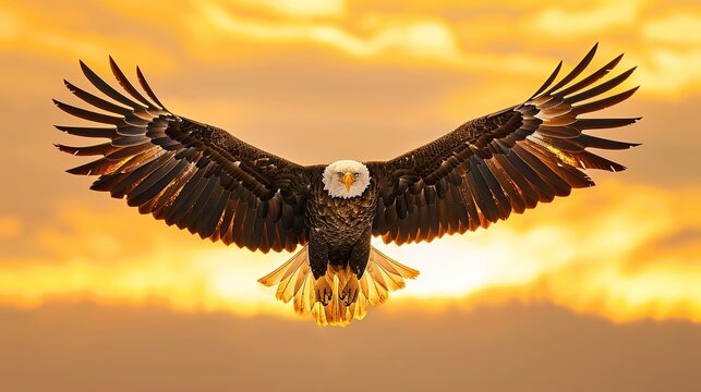 front view shot of a bald eagle flying with open claws in a golden clear sky. copy space for text.