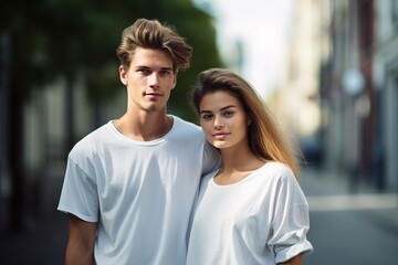 Fototapeta premium A man and a woman are standing on a street, both wearing white shirts