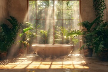 Obraz premium Luxurious bathroom with freestanding tub and large windows, featuring lush indoor plants and natural light