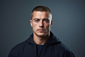 Naklejka premium A man with a shaved head and a black hoodie