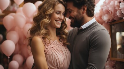 baby shower party . happy pregnant woman and man hugging each other outdoor