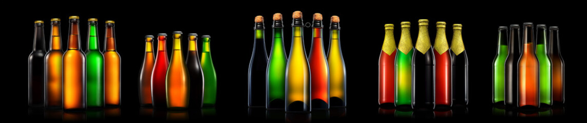 Set of beer, wine and champagne bottles isolated on black background