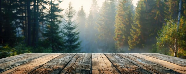 mystical autumn forest emerges from behind a rustic wooden platform, with trees bathed in a soft morning fog.