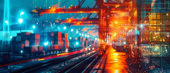 Automated logistics operations close up, focus on, copy space, vibrant colors, Double exposure silhouette with robotic systems