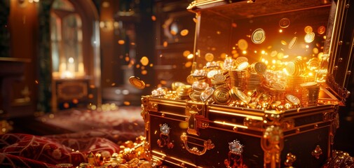 Obraz premium A dynamic 3D render of a treasure chest bursting open with gems