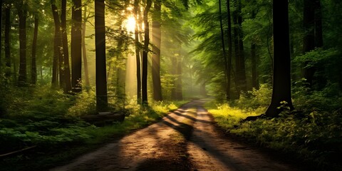 Minimalist forest path at dawn after storm captured in 8k resolution. Concept Nature Photography, Landscape, Dawn, Storm, 8k Resolution