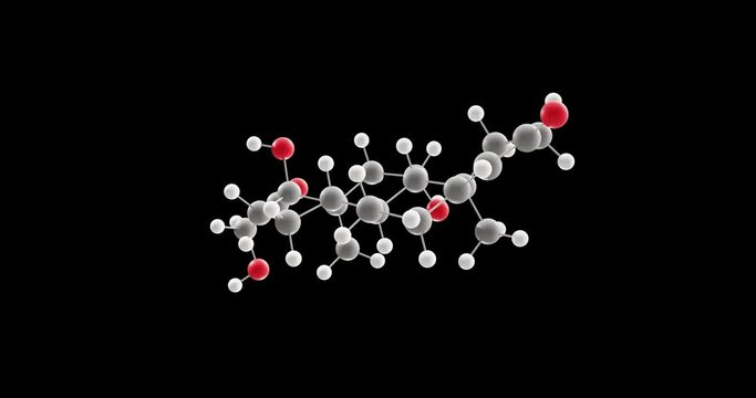 Cortisol molecule, rotating 3D model of steroid hormone, looped video on a black background