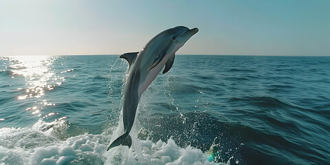 Dolphin jumping out of the water with evening sunny background 