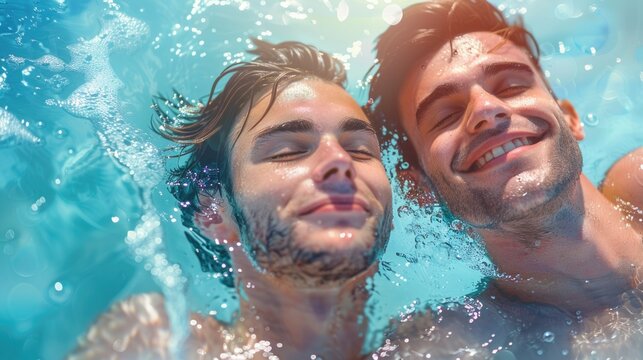 Young couple of men enjoying a swim together in a pool during a sunny day