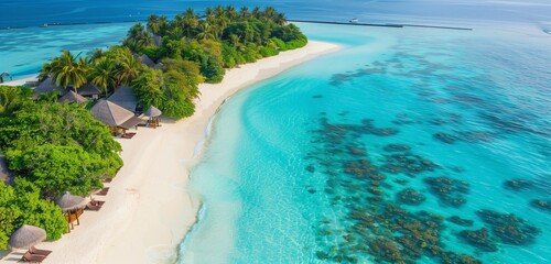 Stunning overwater villas in Maldives, crystal-clear lagoon, and white sandy beaches under a bright...