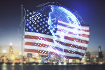 Double exposure of digital map of North America hologram on USA flag and blurry cityscape...