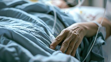 Fototapeta premium 病院のベッドに横たわる患者の手元と点滴