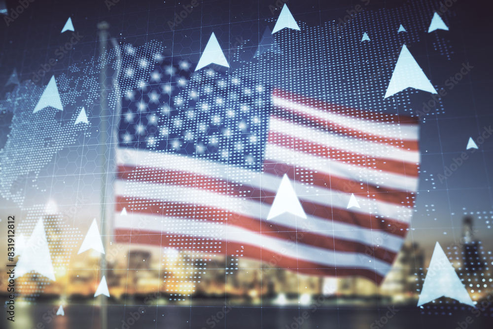Poster abstract virtual geolocations map sketch on us flag and skyline background, gps tracking and navigat