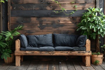 Cozy outdoor seating area with wooden bench and lush plants, featuring rustic decor and natural light
