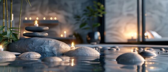 A luxurious spa scene with smooth stones