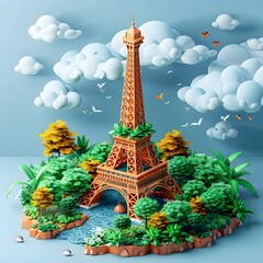 Isometric of Eiffel Tower Amid Blue Sky and Greenery Celebrating Love for France