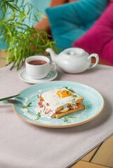 Egg toast breackfast with tea