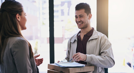 Logistics, delivery man and woman or happy for package with paperwork, signature or distribution for online shopping. Ecommerce, customer and employee with cardboard boxes for supply chain or courier