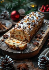 Stollen - Fruit bread with marzipan, powdered sugar, and dried fruits. 