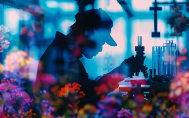 Quality assurance in plant operations close up, focus on, copy space, vibrant colors, Double exposure silhouette with inspection tools