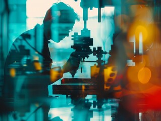 Quality control in precision manufacturing close up, focus on, copy space, vibrant colors, Double exposure silhouette with inspection tools