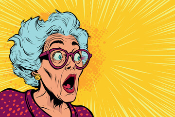 Amazed grandmother. Old, gray-haired woman in glasses and looking with surprising. Unbelievable news, big sale concept in pop art retro comic style