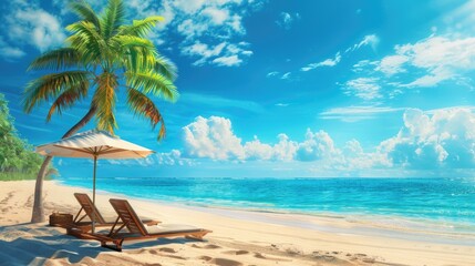 A beautiful beach background for a summer trip. Bright sun, palm tree and beach chairs on the sand against a beautiful blue sea and blue sky.