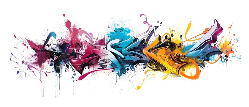 Vibrant abstract graffiti artwork with dynamic splashes and strokes of various colors on a white background, showcasing urban street art.