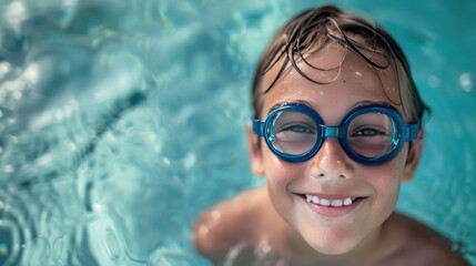 Naklejka premium The child is having fun, swimming, diving in the pool with safety glasses. Entertainment during the summer holidays.