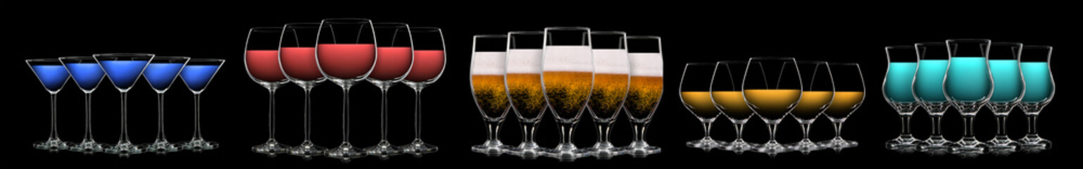 Silhouette of multicolor neon different glasses on black background