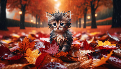 Wet homeless sad kitten on a street after a rain. Concept of protecting homeless animals.