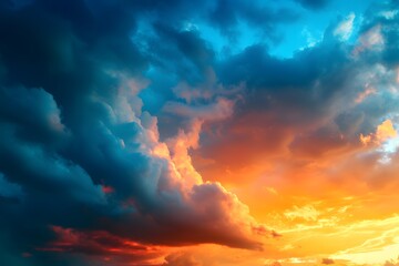 Fototapeta premium A stunning sunset in the sky, with vibrant colors and dramatic clouds over an island's tropical landscape. The silhouette of palm trees against the backdrop adds to its beauty. A high-resolution 