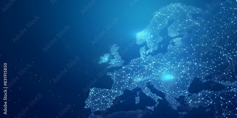 Poster abstract map of europe with glowing dots representing global network and connectivity, symbolizing t