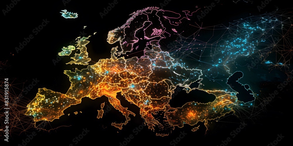 Poster abstract map of europe with glowing dots representing global network and connectivity, symbolizing t