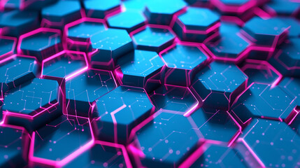 Blue and magenta hexagons pulse with liveliness, ideal for dynamic digital media,