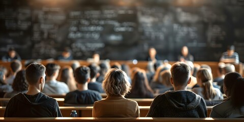 Students attentively listening to professors in university lecture hall with chalkboard. Concept Education, Classroom, Lecture, Learning, Student Life