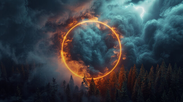 Swirling cloud in a dark night sky framed by a glowing forest neon light ring, 3D effect,