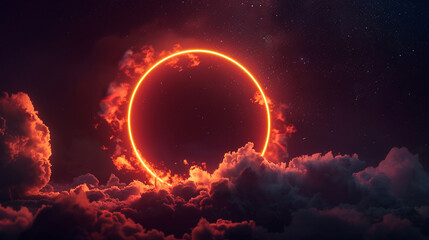 Obraz premium Orange-red neon light ring enhances the dark night sky with a glowing cloud, 3D widescreen,